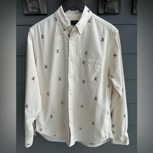 J.Crew Men’s Corduroy Button Down Shirt Cream Ski Lodge Motif Size Medium